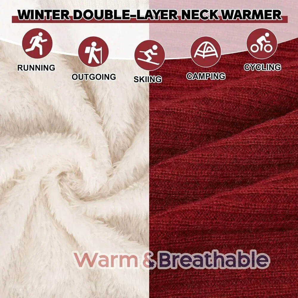 Women's Red Wine Scarf Winter Double-Layer Neck Warmer Knit Fleece Lined Circle